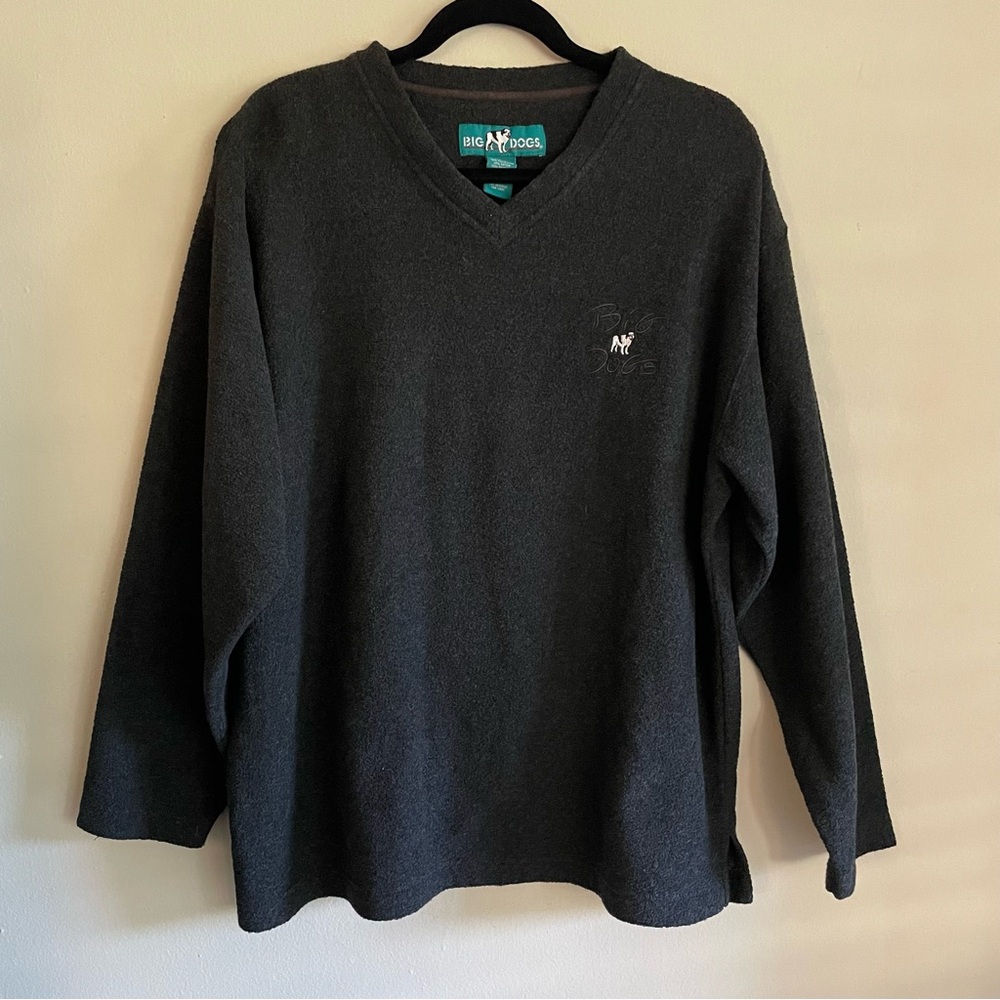 Big Dogs Vintage Fleece V-Neck Grey Pullover Sweatshirt Mens Large